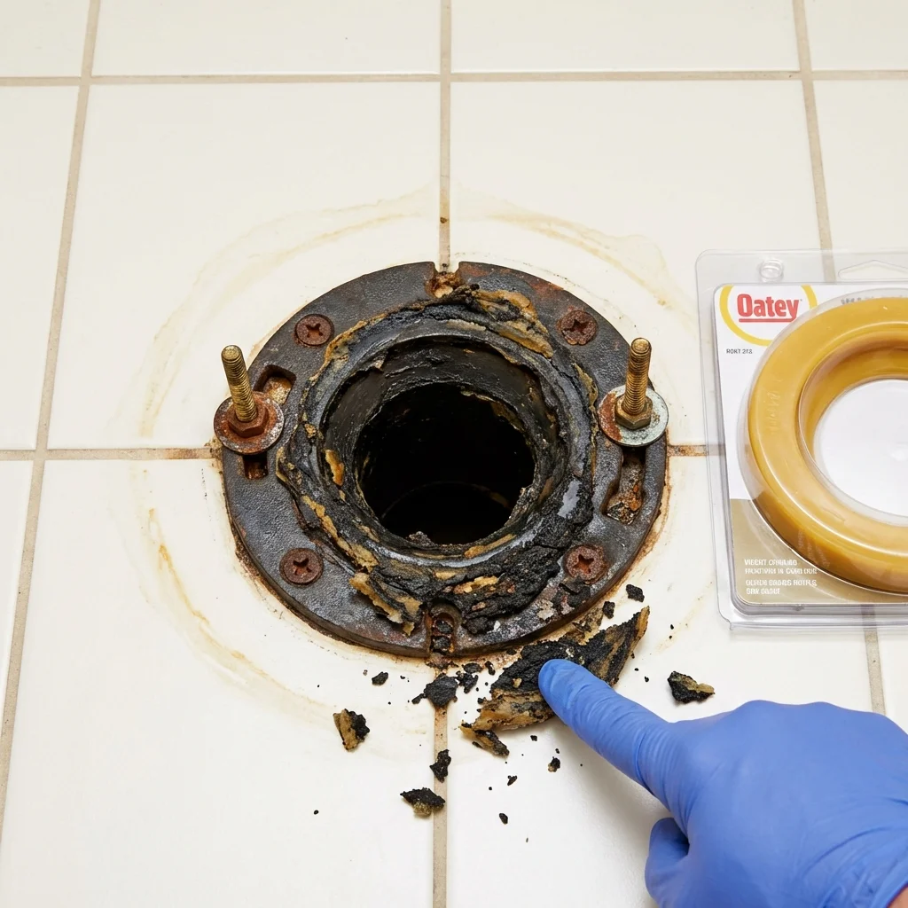 Failed wax ring showing water seepage at the base of a toilet in a Warm Springs, OR home