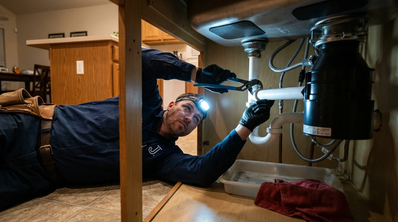 P-trap and supply line connections under a kitchen sink showing a common leak point in Warm Springs, OR